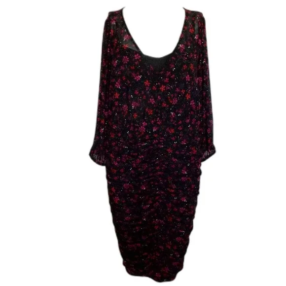 new TORRID Dress, 0/L, Black, Red/Purple Floral, Ruched Skirt, Scoop neck, Meshy - Picture 10 of 16